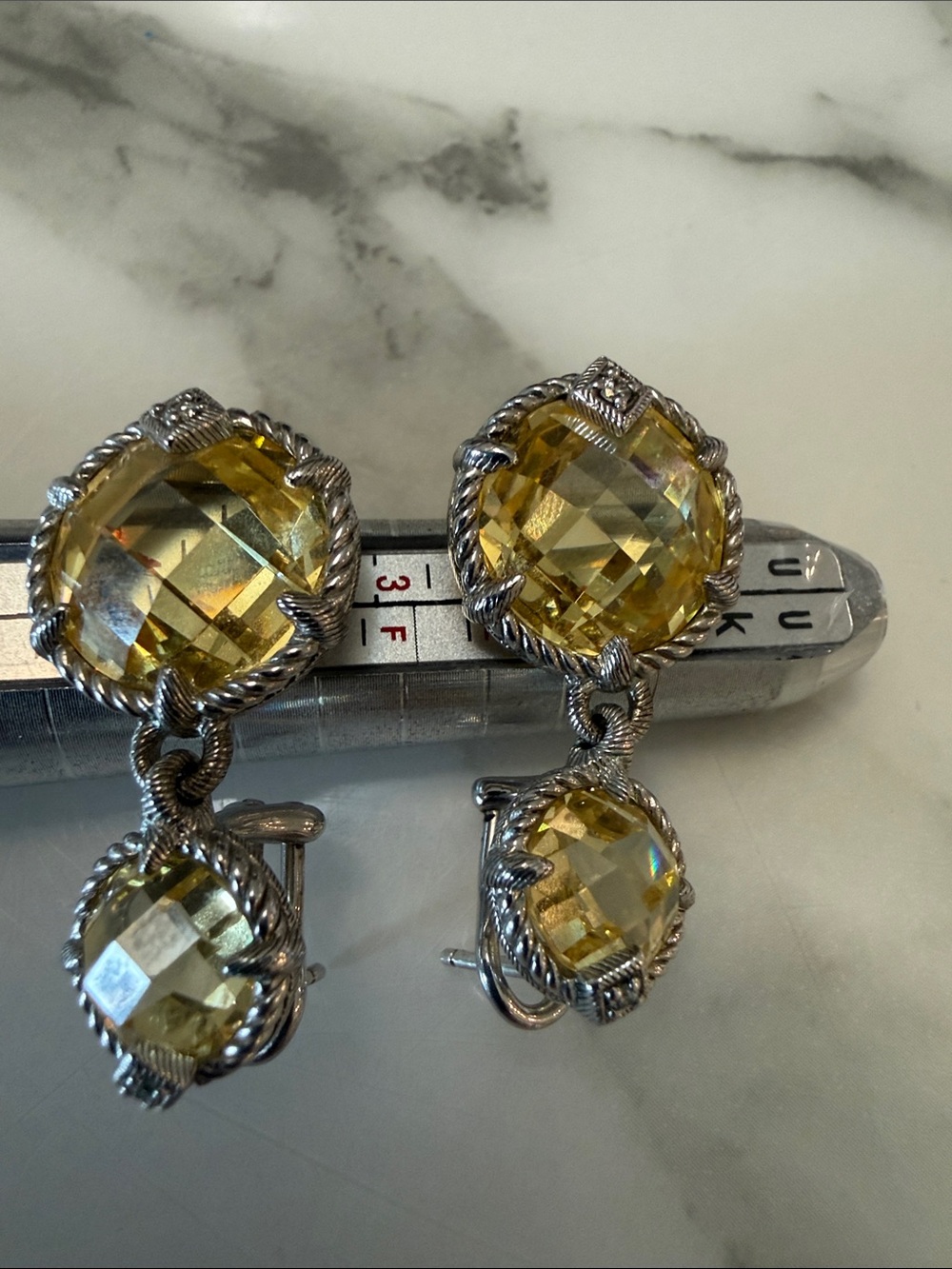 Judith Ripka silver double-drop earrings with canary yellow CZs